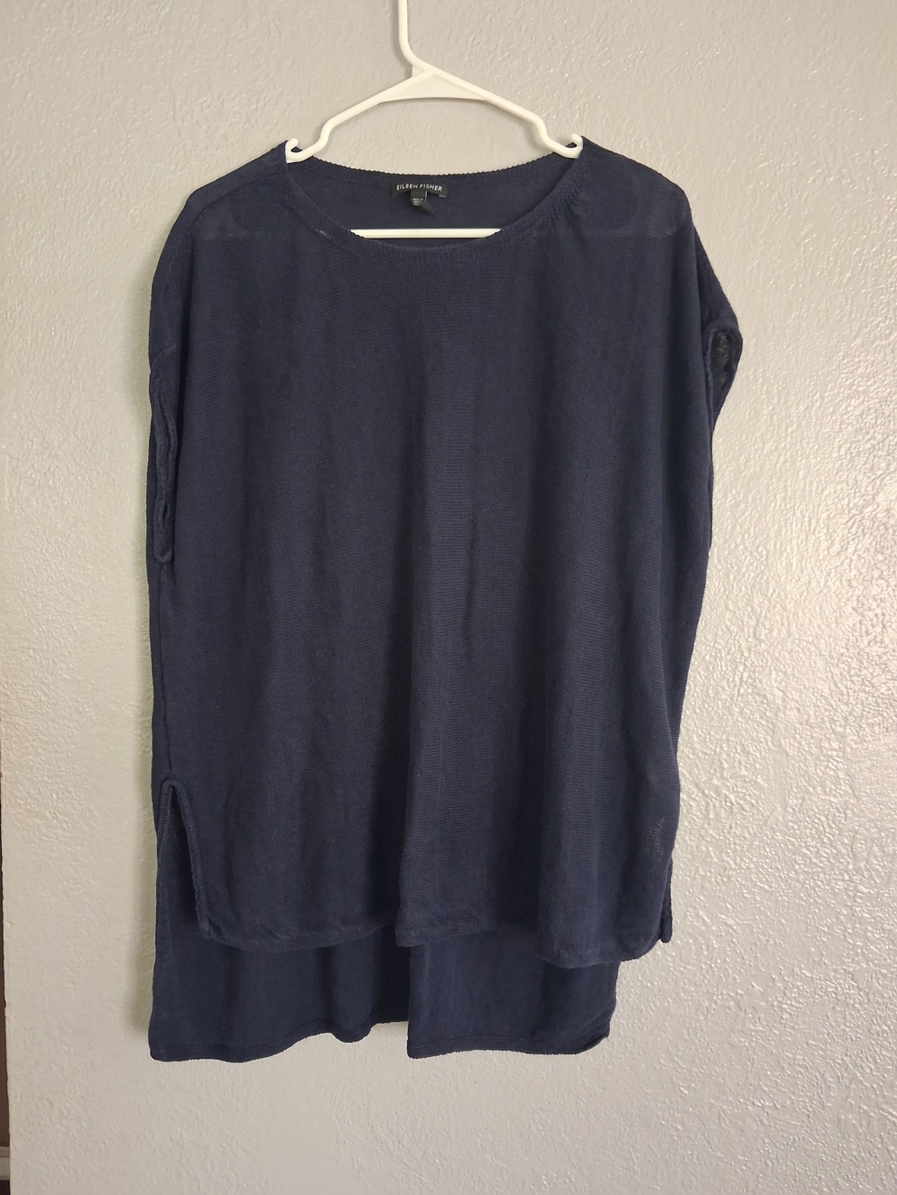Eileen Fisher Navy 100% Organic Linen Knit Popover SS TopL